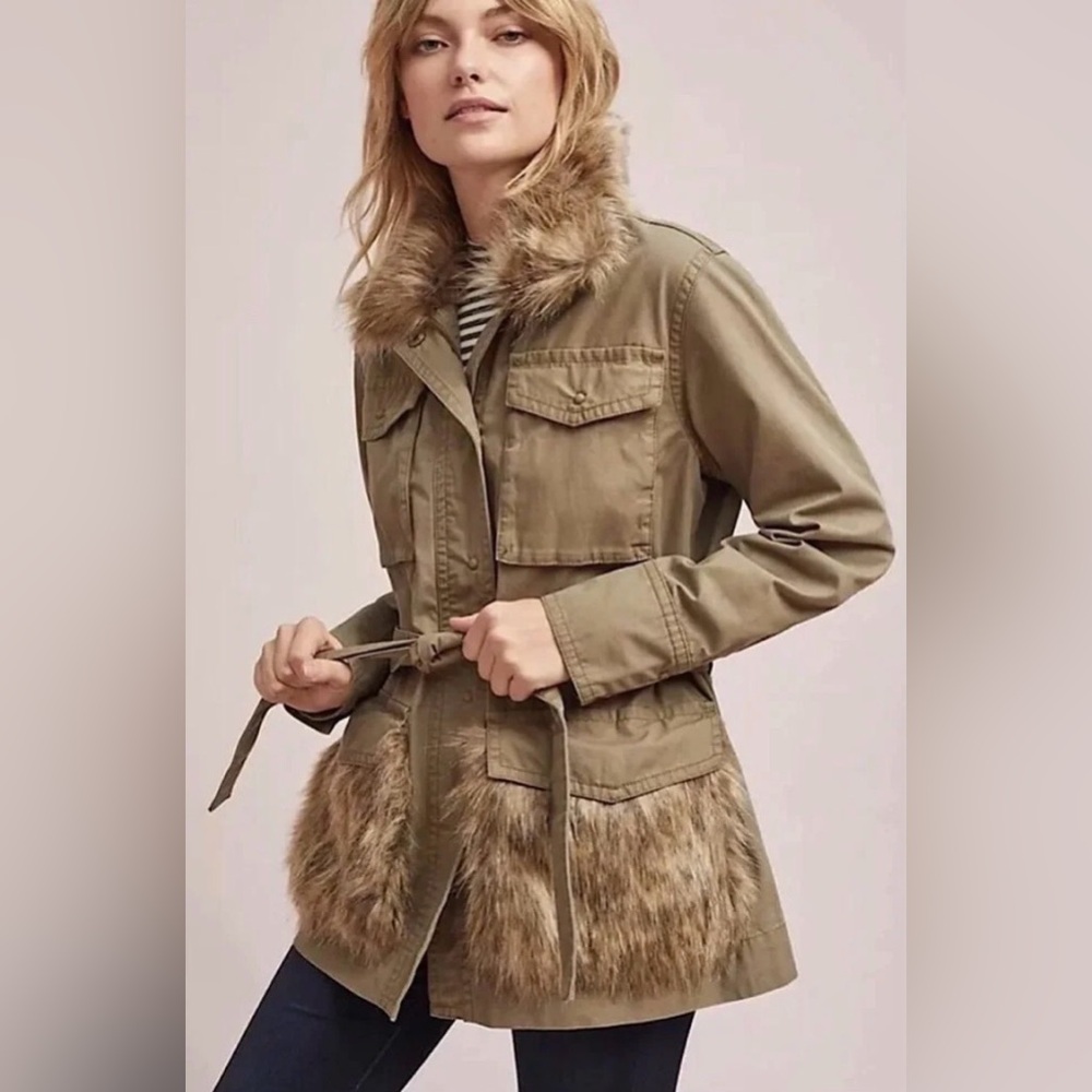 Anthropologie Tan Fur-Trimmed Jacket